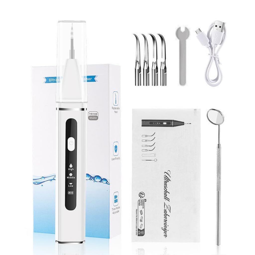 HANNEA Teeth Whitening Kit Electric Tartar Remover with LED, Teeth Stain Remover with 3 Working Modes, Teeth Cleaning Kits With 4 Stainless Steel Bits, Oral Mirror, White HANNEA Teeth Whitening Kit Electric Tartar Remover with LED, Teeth Stain Remover with 3 Working Modes, Teeth Cleaning Kits With 4 Stainless Steel Bits, Oral Mirror, White